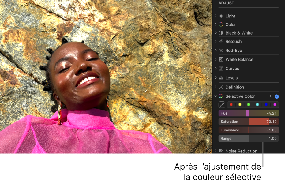 Une photo après l’ajustement « Couleur sélective », montrant une augmentation de la saturation rouge pour donner un aspect plus chaud au visage et à l’arrière-plan.