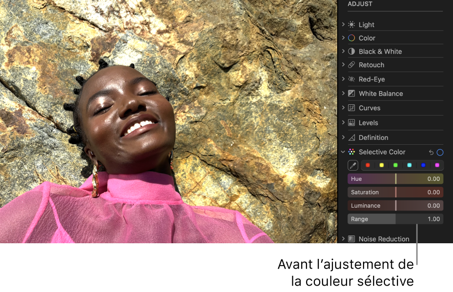 Une photo avant l’ajustement « Couleur sélective », montrant un visage et un arrière-plan légèrement délavés.