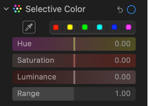 Kontrol Pilihan Warna di panel Sesuaikan, menampilkan penggeser Rona, Saturasi, Luminans, dan Cakupan.