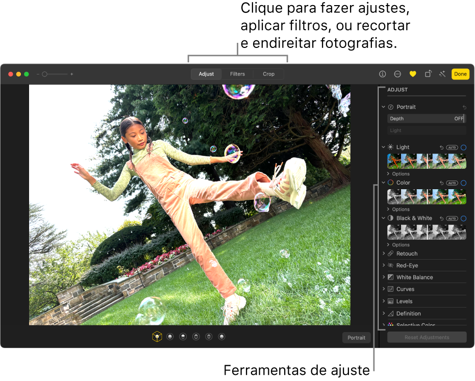 Uma fotografia na vista de edição, com a opção Ajustar selecionada na barra de ferramentas e as ferramentas de ajuste do lado direito.