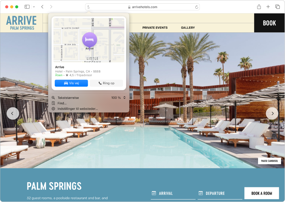 I Safari vises højdepunkter for en hoteldestination i Palm Springs, herunder et kort, knapper, som ringer til hotellet og viser vej, og et link til reservation.