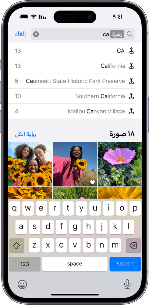 شاشة البحث في تطبيق الصور. في الجزء العلوي من الشاشة، يظهر حقل البحث، وأسفله نتائج البحث.