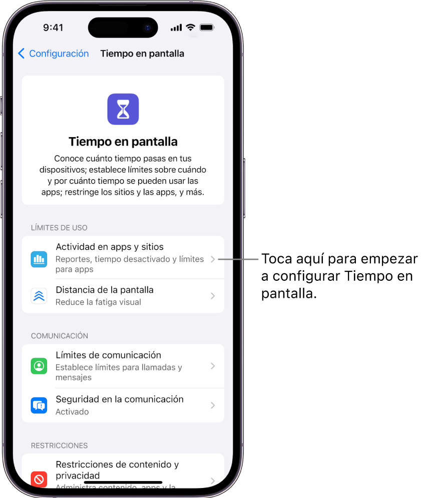 La pantalla de configuración de Tiempo en pantalla mostrando el botón Actividad en apps y sitios.