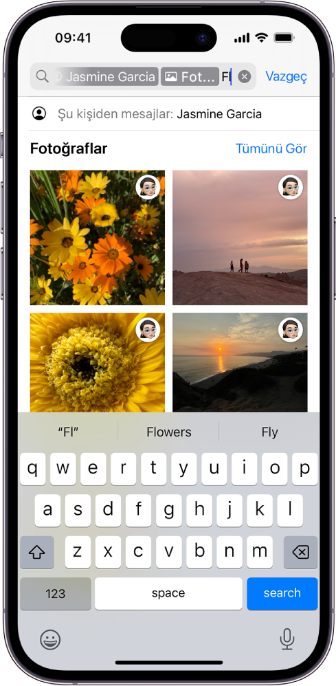 Mesajlar uygulamasındaki arama alanı. Arama alanı, aramayı bir kişinin gönderdiği fotoğraflarla sınırlayan bir etiket içeriyor.