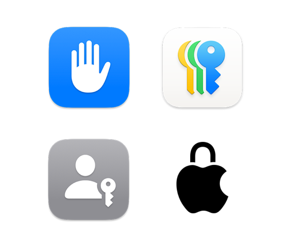 Quatre icones que representen la privacitat i la seguretat, l’app Contrasenyes, les claus i la privacitat a Apple.