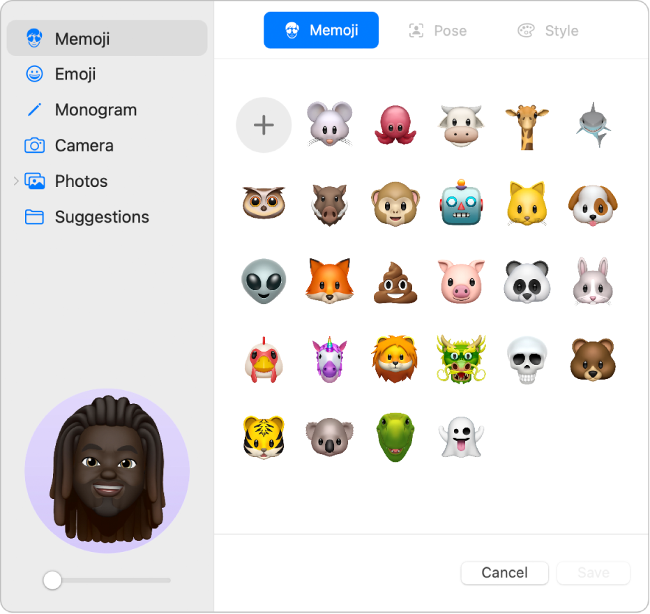 Die Apple Account-Bildoptionen. In der Seitenleiste findest du eine Liste mit Bildoptionen, darunter „Memoji“, „Monogramm“, „Fotos“ und mehr. „Memoji“ ist ausgewählt und ein Raster von Memojis wird angezeigt.