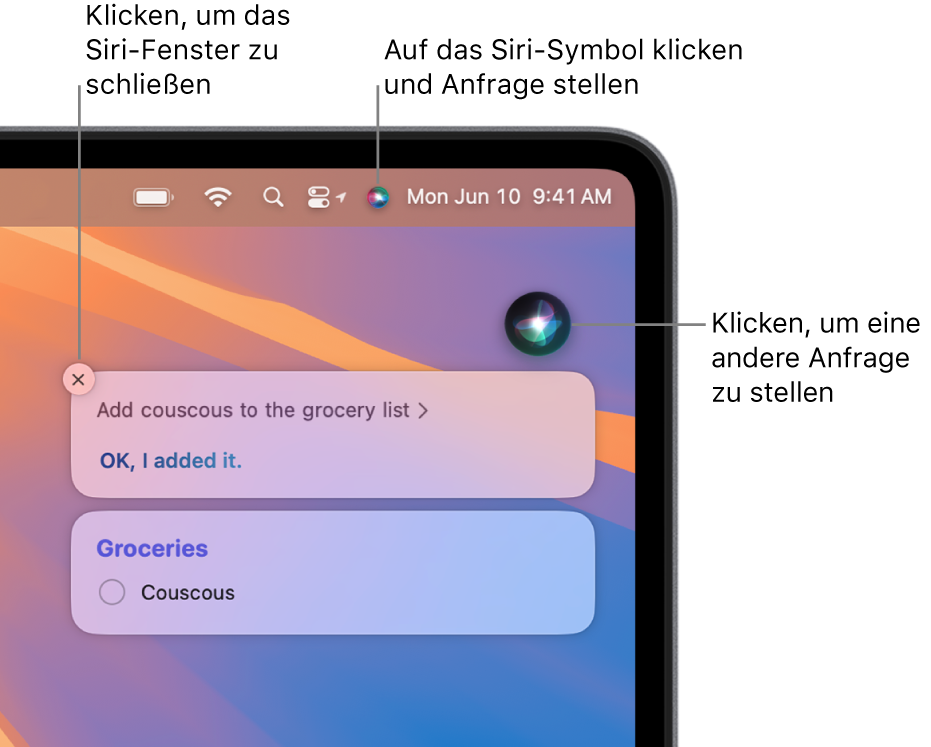 Die rechte obere Hälfte des Mac-Schreibtischs zeigt das Siri-Symbol in der Menüleiste und das Siri-Fenster mit der Frage nach der „Füge Couscous zur Einkaufsliste hinzu“ und der zugehörigen Antwort. Klicke auf das Symbol oben rechts im Siri-Fenster, um eine andere Frage zu stellen. Klicke auf die Taste zum Schließen, um das Siri-Fenster zu schließen.