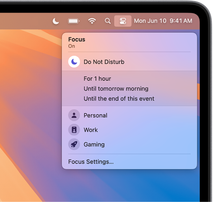 The Focus status menu open to show the Focus list, including Personal, Work, Study, and others. Do Not Disturb is at the top of the list and is on for one hour.