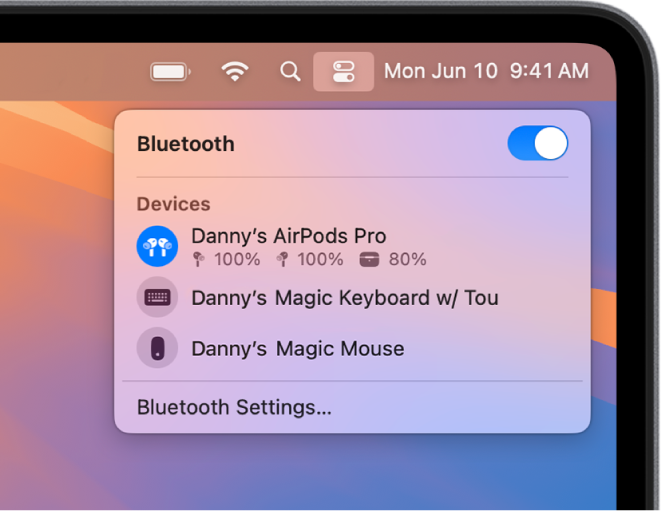 The Bluetooth Menu open in Control Center with Danny���s AirPods Pro connected.