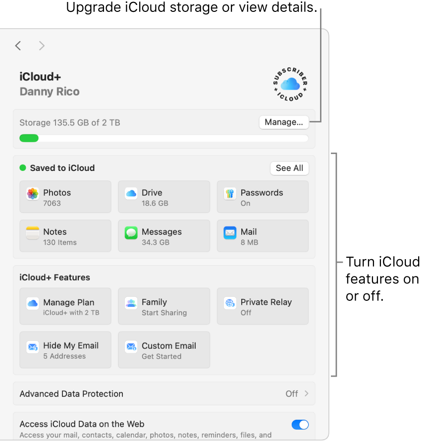 iCloud settings with all the features turned on.