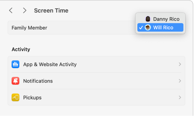 Screen Time settings with a child chosen from the Family Member pop-up menu.