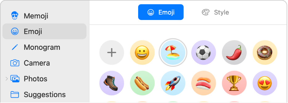 The Apple Account picture options with Emoji selected in the sidebar and various emoji shown.