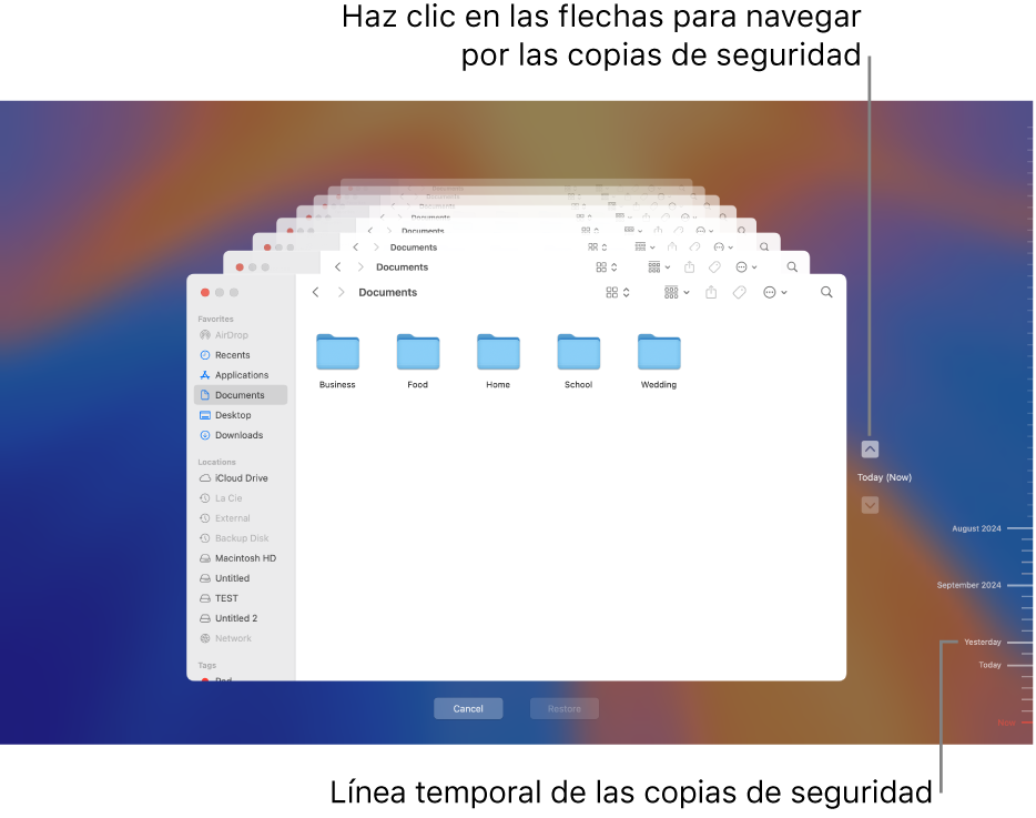 La ventana de Time Machine con varias pantallas del Finder apiladas para representar copias de seguridad, con flechas para la navegación. Las flechas y el control temporal de las copias de seguridad de la derecha te ayudan a recorrer tus copias de seguridad para elegir los archivos que quieres restaurar.