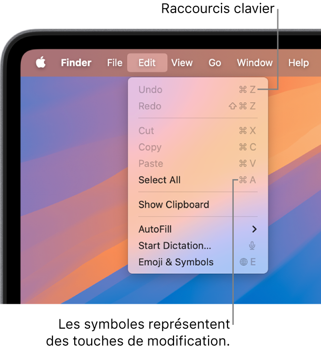 Le menu Édition est ouvert dans le Finder ; les raccourcis clavier apparaissent en regard des éléments de menu.