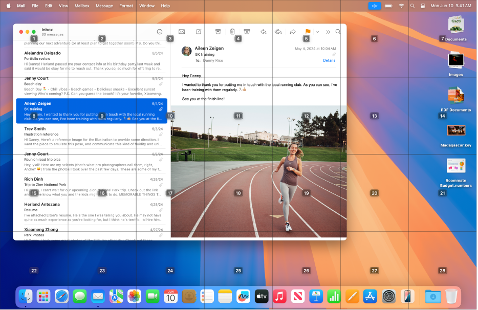 L’app Mail ouverte avec une grille superposée au bureau Mac. La grille divise le bureau en sept colonnes et quatre rangées. Chaque cellule est numérotée de 1 à 28.