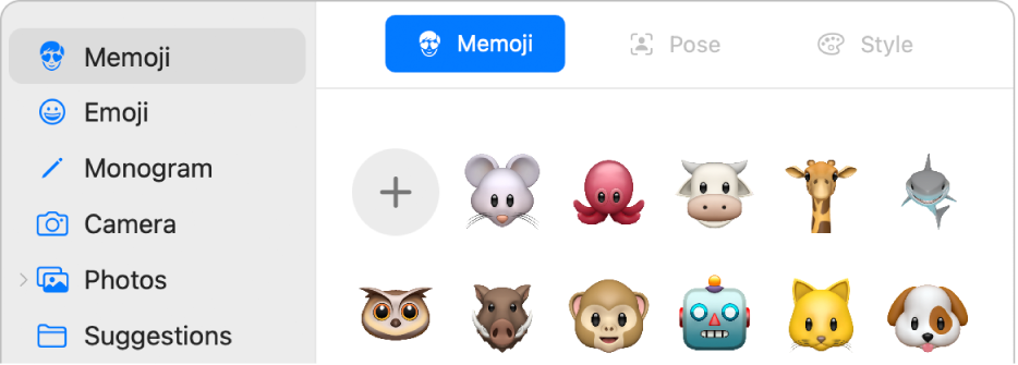 Pilihan gambar Akun Apple dengan Memoji dipilih di bar samping dan berbagai Memoji ditampilkan.