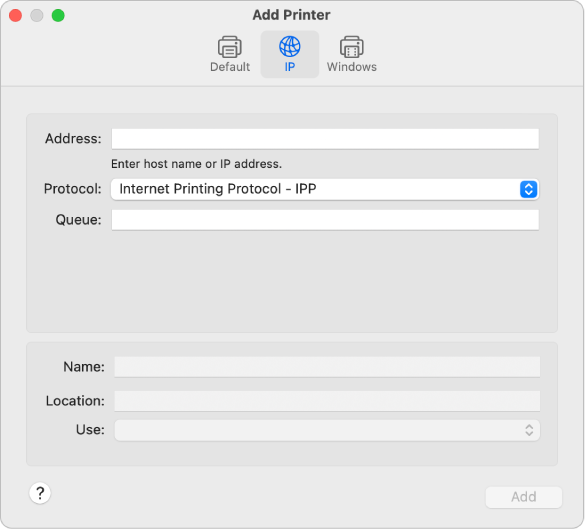 Het dialoogvenster voor het toevoegen van een printer met de IP-opties voor het instellen van een printer aan de hand van het IP-protocol.