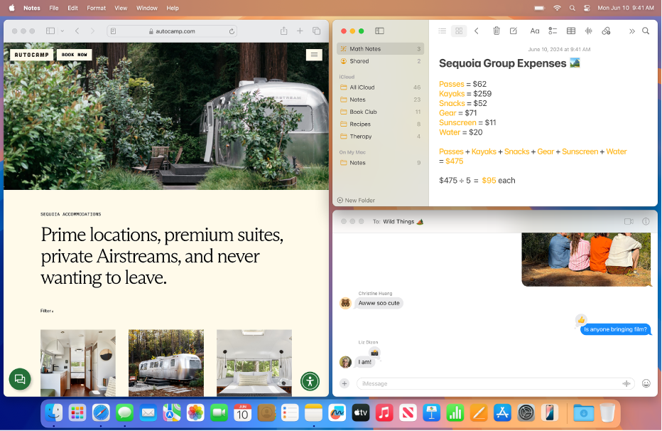 Uma secretária do Mac a mostrar três janelas em mosaicos — uma janela do Safari em metade do ecrã, uma janela da aplicação Notas no canto superior direito e uma janela da aplicação Mensagens no canto inferior direito.