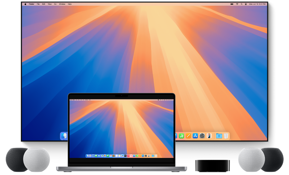 Počítač Mac a zariadenia, do ktorých môže streamovať obsah cez AirPlay, napríklad Apple TV, dva reproduktory HomePod mini a inteligentý televízor.