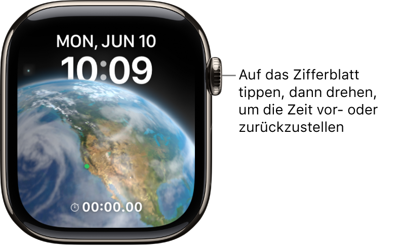 Auf dem Zifferblatt „Astronomie“ werden Wochentag, Datum und aktuelle Uhrzeit angezeigt. Unten ist die Komplikation „Timer“ zu sehen. Tippe auf das Zifferblatt und drehe dann die Digital Crown, um in der Zeit vor- oder zurückzugehen.