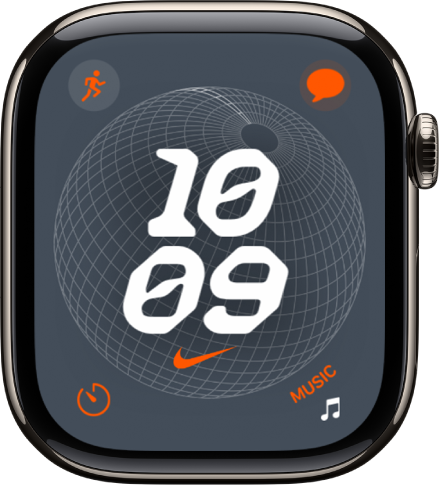 Das Zifferblatt „Nike Globe“ mit einer digitalen Uhr in der Mitte und vier Komplikationen: „Training“ oben links, „Nachrichten“ oben rechts, „Timer“ unten links und „Musik“ unten rechts.