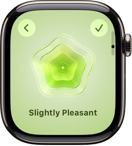 The Mindfulness app screen showing the State of Mind screen with a visual in the center. An emotion is listed below.