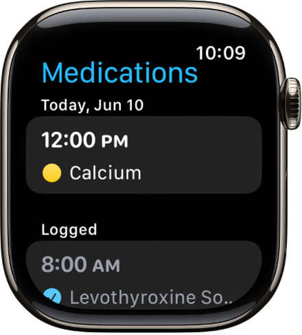 The Medications app showing scheduled and logged medications.