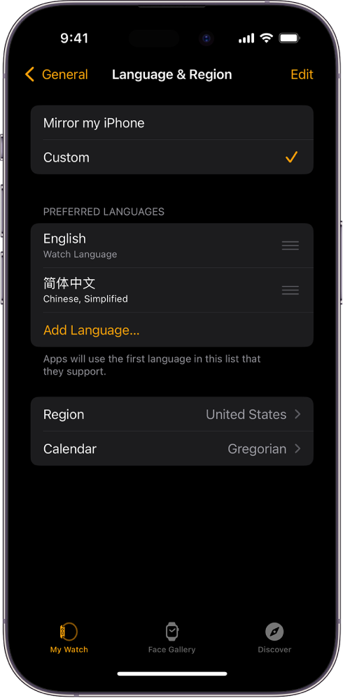 The Language & Region screen in the Apple Watch app, with English and Spanish appearing below Preferred Languages.