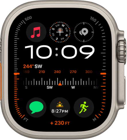 The Modular Ultra watch face showing elevation on the left and right (feet on the left and meters on the right), Music, Compass, and Compass Waypoints complications along the top, a digital clock below, a Compass Heading complication in the middle, and the Messages, Sunrise, and Workout complications near the bottom. At the very bottom is the current elevation.