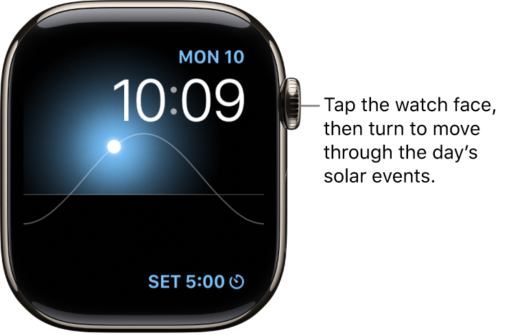 The Solar Graph watch face displays the day, date, and current time, which can’t be modified. A Timer complication appears at the bottom right. Tap the watch face, then turn the Digital Crown to move the sun in the sky to dusk, dawn, zenith, sunset, and darkness.