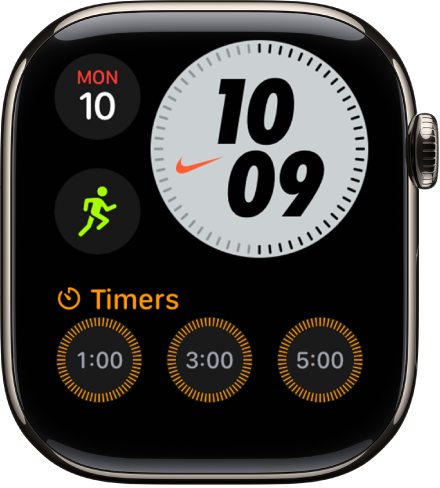 The Nike Compact watch face showing the day and date at the top left, the time at the top right, the Workout complication at the middle left, and the Timers complication.