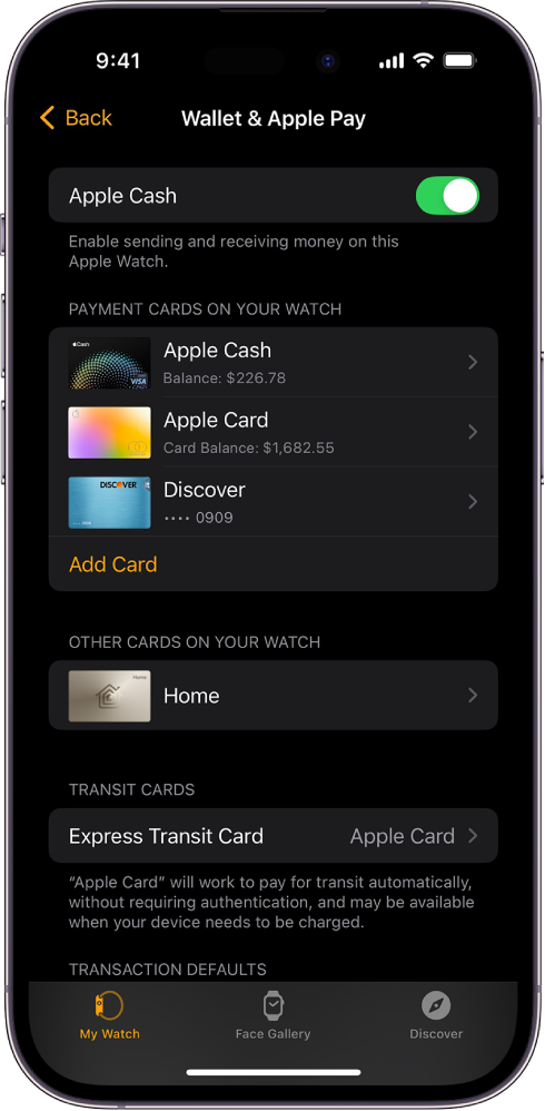 Écran d’iPhone affichant les réglages Cartes et Apple Pay dans l’app Apple Watch.