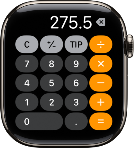 Apple Watch montrant l’app Calculette. L’écran affiche un pavé numérique classique et des fonctions mathématiques sur la droite. Vers le haut se trouvent les boutons C, plus ou moins et Pourboire.