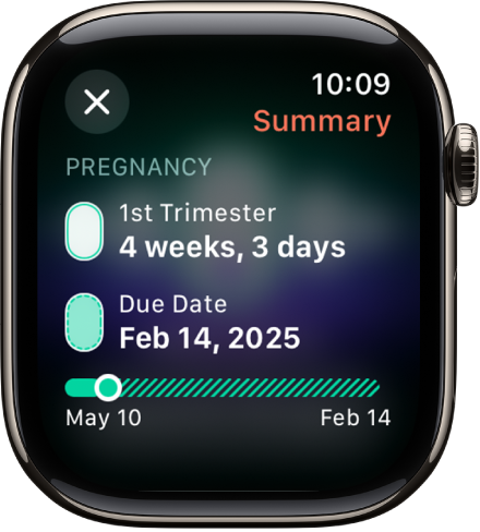 Écran dans l’app Suivi de cycle montrant le résumé d’une grossesse, avec un âge gestationnel et une date d’accouchement au centre de l’écran.