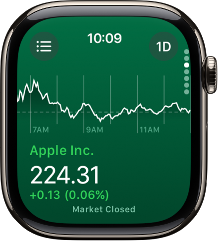 Maklumat tentang saham dalam app Saham. Graf besar menunjukkan kemajuan saham untuk lebih daripada satu bulan kelihatan di bahagian tengah skrin.