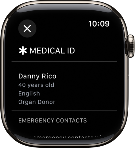 Skrin ID Perubatan pada Apple Watch menunjukkan nama, umur, bahasa, status derma organ dan kenalan kecemasan orang.