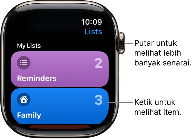 Skrin Senarai app Peringatan menunjukkan dua butang senarai—Keluarga dan Rumah. Nombor di sebelah kanan memaklumkan anda jumlah peringatan dalam setiap senarai. Ketik senarai untuk melihat item di dalamnya, atau putar Digital Crown untuk melihat lebih senarai.