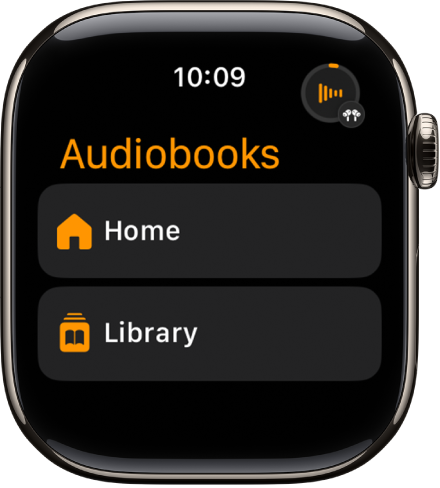 De Audioboeken-app, met de knoppen 'Home' en 'Bibliotheek'.