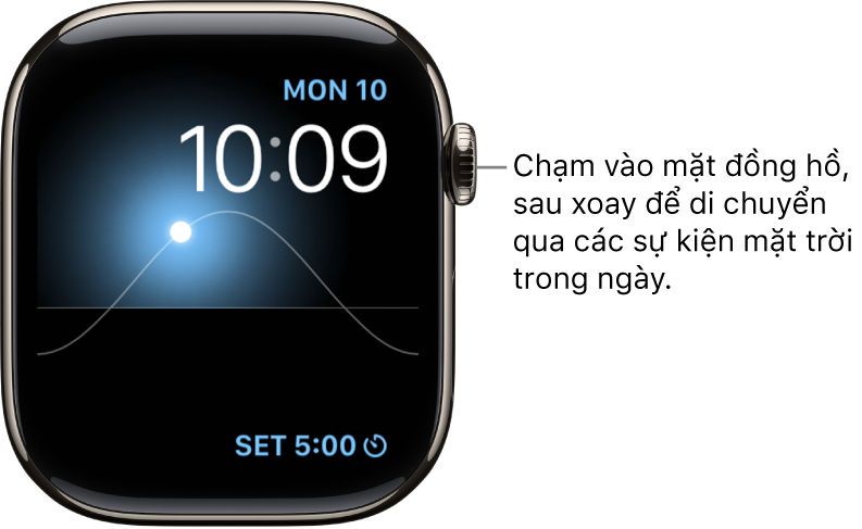 Mặt đồng hồ Đồ thị Mặt trời hiển thị thứ, ngày và giờ hiện tại mà bạn không thể sửa đổi. Một tổ hợp Hẹn giờ xuất hiện ở dưới cùng bên phải. Chạm vào mặt đồng hồ, sau đó xoay Digital Crown để di chuyển mặt trời trên bầu trời đến chạng vạng, mặt trời mọc, thiên đỉnh, mặt trời lặn và bóng tối.