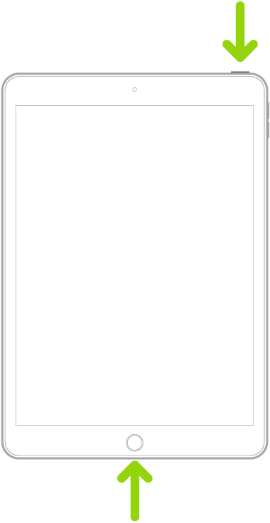 Ein iPad mit einer Home-Taste. Pfeile weisen auf die Home-Taste und die obere Taste.