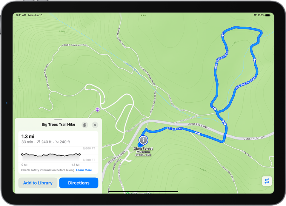 An overview of a downloadable hike, with distance, elevation profile, estimated time, and options to save or get directions to the start of the hike.