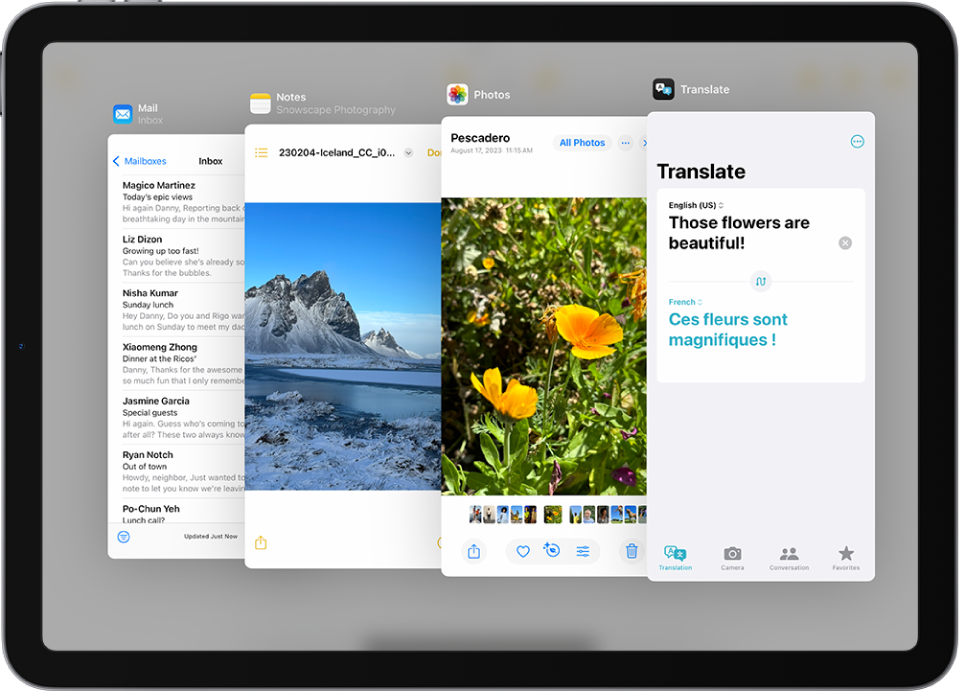 Four apps open in Slide Over windows, including Mail, Photos, Translate, and Notes.