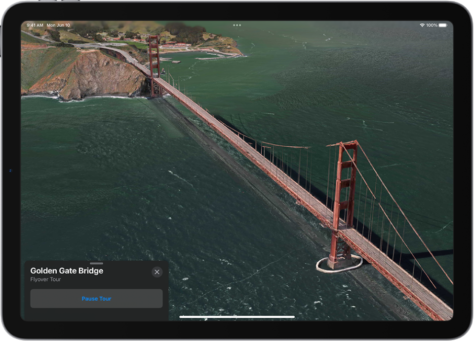 A Flyover tour in progress, showing a 3D image from the sky looking toward a landmark and a button to start the tour.