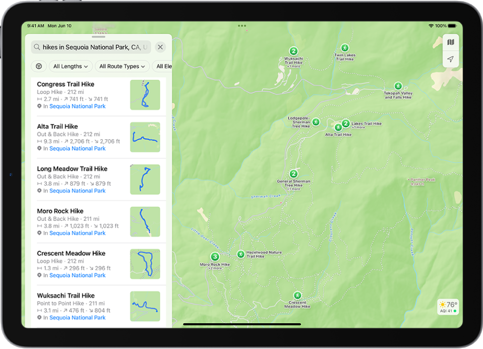 The Maps app showing results matching a search for hikes in a national park.