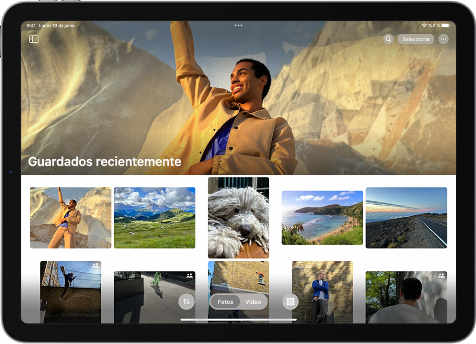 La colección “Guardados recientemente” está abierta en la app Fotos y muestra fotos y vídeos.