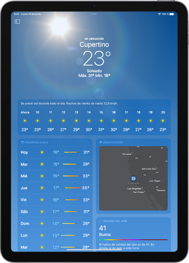 La pantalla Tiempo donde se ve lo siguiente: la ubicación, la temperatura actual, las temperaturas máxima y mínima del día, la previsión por horas y la de diez días en la parte izquierda de la pantalla, y un mapa de precipitaciones y la escala de la calidad del aire en el lado derecho de la pantalla.