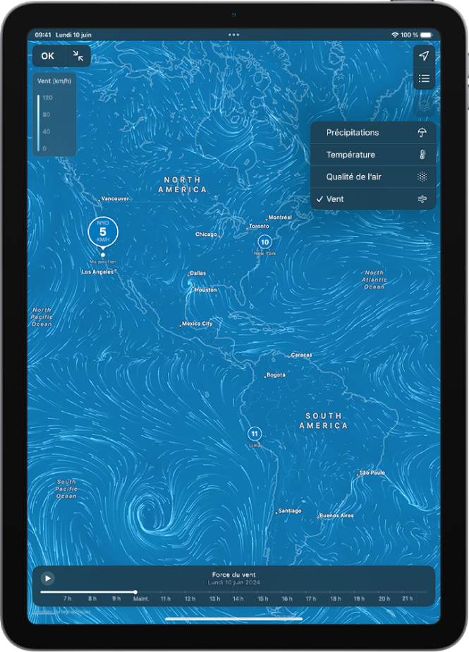 Une carte des températures aux alentours occupe tout l’écran de l’iPad. Dans le coin supérieur droit se trouvent, de haut en bas, les boutons Lieu actuel et Lieux favoris. Le menu superposé est ouvert et l’option Vent est sélectionnée. En bas de l’écran se trouve une chronologie. Les boutons Activer/Désactiver le plan en plein écran et Échelle de la superposition de la carte du vent figurent dans le coin supérieur gauche.