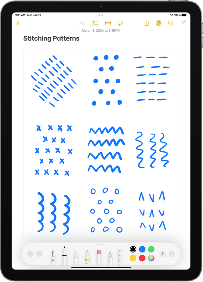 Lietotnē Notes tiek atvērta piezīme, un rīkjosla Markup ir atvērta ekrāna apakšējā daļā. Redzamie Markup rīki (no kreisās uz labo pusi) ir šādi: Pen, Mono line, Marker, Eraser, Lasso, Ruler un Pencil, kam seko krāsu pogas, pogas Add un More.