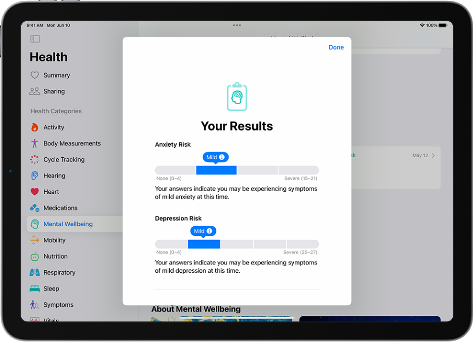 En skärm i appen Hälsa med resultat från en självskattning om psykisk hälsa.