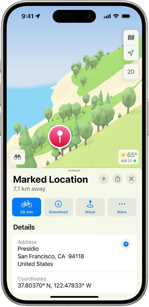 A map showing a dropped pin in a park. Below it, buttons to get directions to the pin, download its surrounding area, or move it appear.